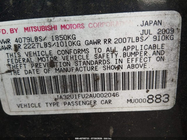 45705733 :رقم المزاد ، JA32U1FU2AU002046 vin ، 2010 Mitsubishi Lancer De مزاد بيع