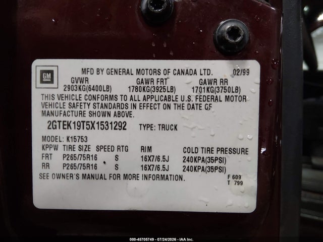 Продаж на аукціоні авто 1999 Gmc New Sierra 1500 Sle, vin: 2GTEK19T5X1531292, номер лоту: 45705749