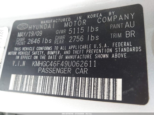 Продажа на аукционе авто 2009 Hyundai Genesis 4.6, vin: KMHGC46F49U062611, номер лота: 45705750