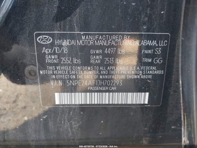 Aukcja sprzedaży 2018 Hyundai Sonata Se, vin: 5NPE24AF1JH702293, numer aukcji: 45705756