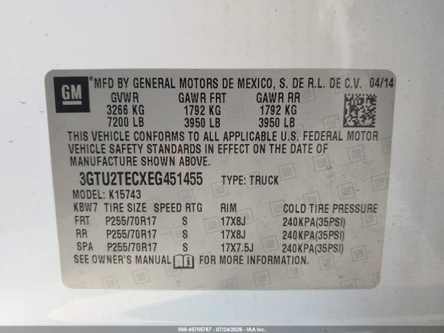 45705767 :رقم المزاد ، 3GTU2TECXEG451455 vin ، 2014 Gmc Sierra 1500 مزاد بيع