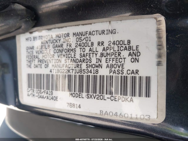 Продаж на аукціоні авто 2001 Toyota Camry Ce, vin: 4T1BG22K71U853418, номер лоту: 45705778