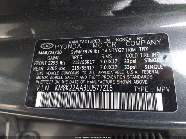 Продажа на аукционе авто 2020 Hyundai Kona Sel, vin: KM8K22AA3LU577216, номер лота: 45705786