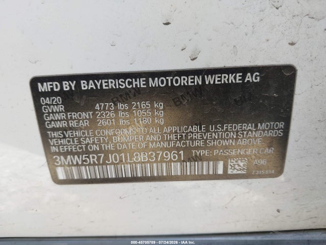 2020 Bmw 330i Xdrive მანქანა იყიდება აუქციონზე, vin: 3MW5R7J01L8B37961, აუქციონის ნომერი: 45705789