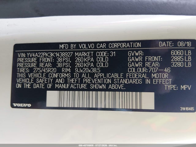 Продаж на аукціоні авто 2019 Volvo Xc90 T6 Momentum, vin: YV4A22PK3K1438927, номер лоту: 45705809