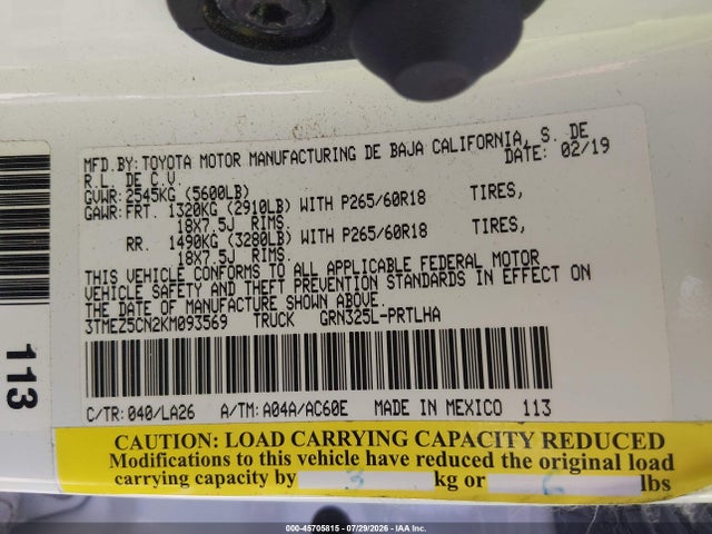 45705815 :رقم المزاد ، 3TMEZ5CN2KM093569 vin ، 2019 Toyota Tacoma Limited مزاد بيع