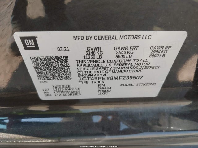 45705819 :رقم المزاد ، 1GT49PEY8MF239507 vin ، 2021 Gmc Sierra 2500hd 4wd  Standard Bed At4 مزاد بيع