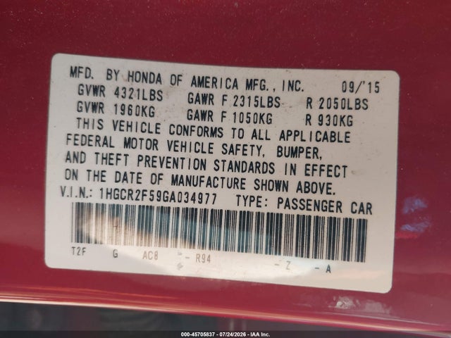 1HGCR2F59GA034977 Honda Accord Sport