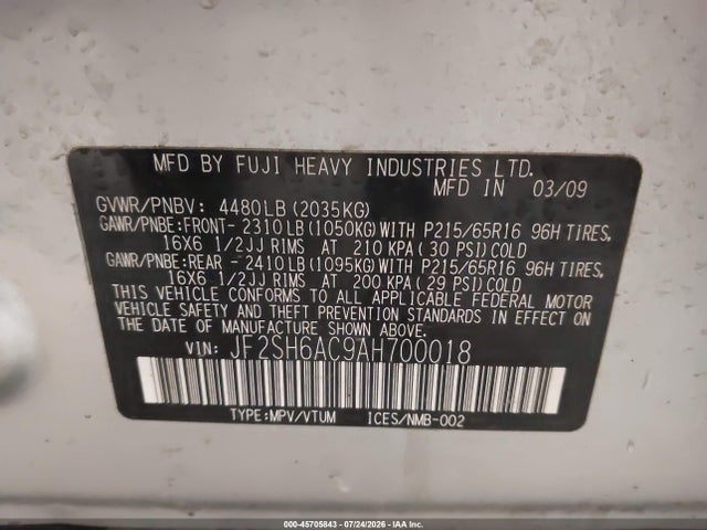 Продаж на аукціоні авто 2010 Subaru Forester 2.5x, vin: JF2SH6AC9AH700018, номер лоту: 45705843