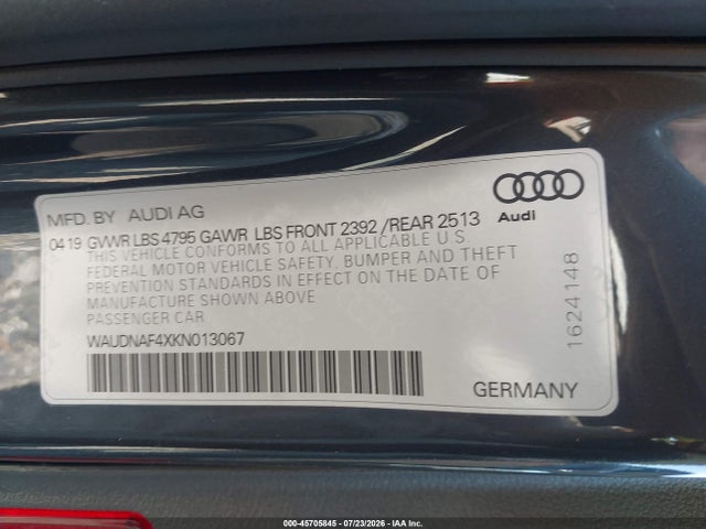 Продаж на аукціоні авто 2019 Audi A4 45 Premium, vin: WAUDNAF4XKN013067, номер лоту: 45705845