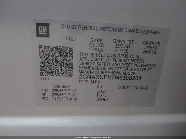 2021 Chevrolet Equinox Awd Lt მანქანა იყიდება აუქციონზე, vin: 2GNAXUEV2M6108264, აუქციონის ნომერი: 45705854