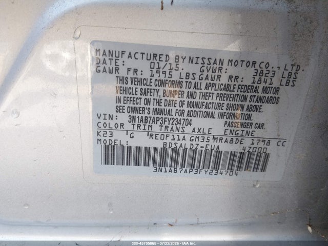 3N1AB7AP3FY234704 Nissan Sentra Fe+ S/s/sl/sr/sv