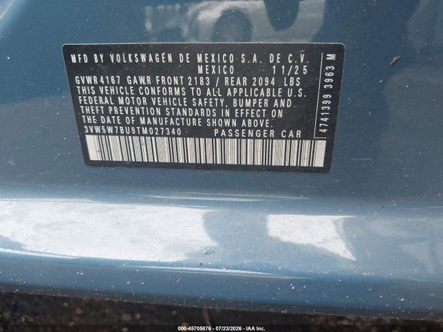 Aukcja sprzedaży 2026 Volkswagen Jetta S, vin: 3VW5W7BU9TM027340, numer aukcji: 45705876
