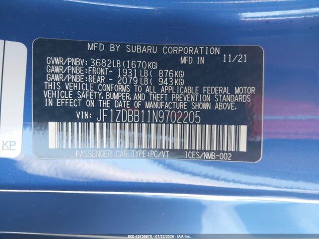 2022 Subaru Brz Premium მანქანა იყიდება აუქციონზე, vin: JF1ZDBB11N9702205, აუქციონის ნომერი: 45705878
