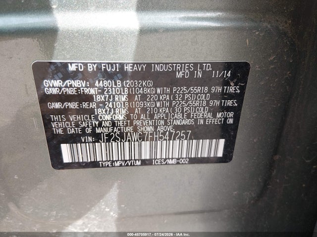 2015 Subaru Forester 2.5i Touring მანქანა იყიდება აუქციონზე, vin: JF2SJAWC7FH547257, აუქციონის ნომერი: 45705917