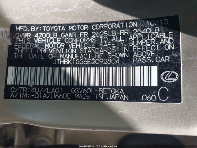 45705930 :رقم المزاد ، JTHBK1GG6E2092804 vin ، 2014 Lexus Es 350 مزاد بيع
