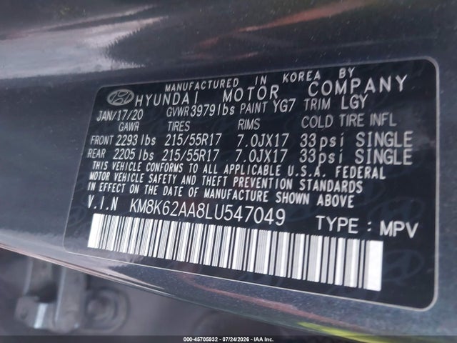 45705932 :رقم المزاد ، KM8K62AA8LU547049 vin ، 2020 Hyundai Kona Sel Plus مزاد بيع