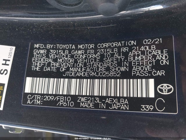 JTDEAMDE9MJ025852 Toyota Corolla Hybrid Le