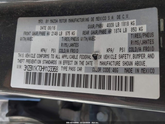 Aukcja sprzedaży 2017 Mazda Mazda3 Sport, vin: 3MZBN1K70HM103368, numer aukcji: 45705950