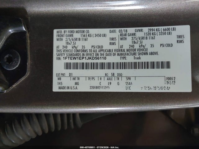 45705951 :رقم المزاد ، 1FTEW1EP1JKD56110 vin ، 2018 Ford F-150 Xlt مزاد بيع