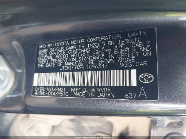 Toyota Prius C Two 2015 JTDKDTB39F1096347 Image 9