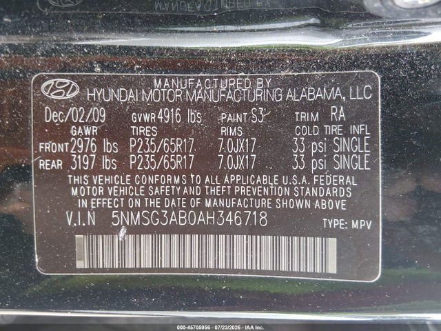 45705956 :رقم المزاد ، 5NMSG3AB0AH346718 vin ، 2010 Hyundai Santa Fe Gls مزاد بيع