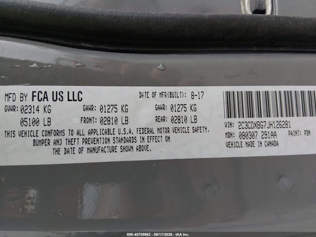 Aukcja sprzedaży 2018 Dodge Charger Sxt Rwd, vin: 2C3CDXBG7JH126281, numer aukcji: 45705962