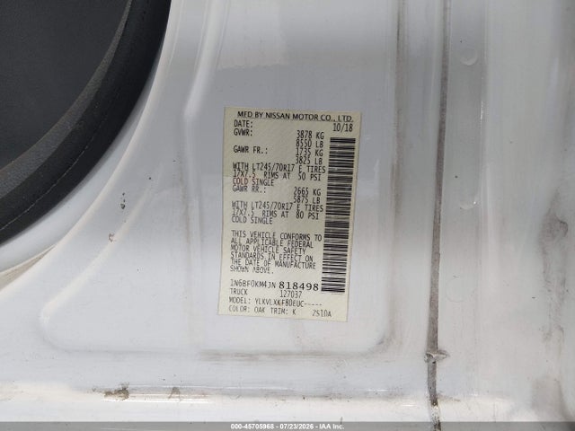 45705968 :رقم المزاد ، 1N6BF0KM4JN818498 vin ، 2018 Nissan Nv Cargo Nv1500 Sv V6 مزاد بيع