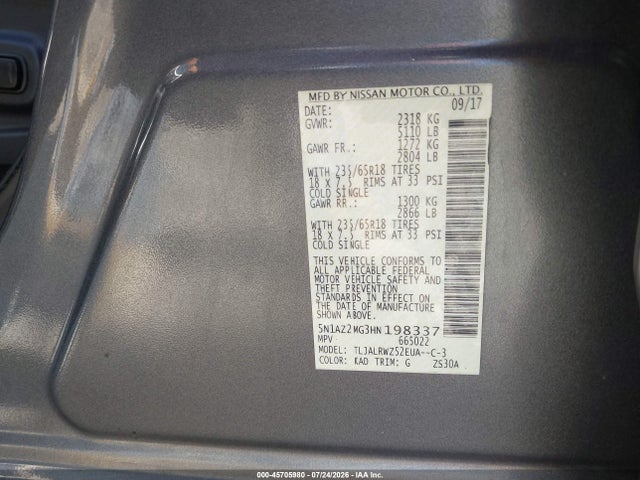 45705980 :رقم المزاد ، 5N1AZ2MG3HN198337 vin ، 2017 Nissan Murano Sl مزاد بيع