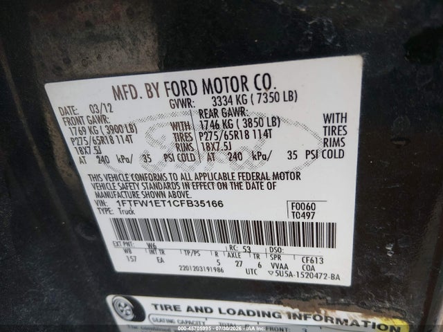 Aukcja sprzedaży 2012 Ford F-150 Lariat, vin: 1FTFW1ET1CFB35166, numer aukcji: 45705995
