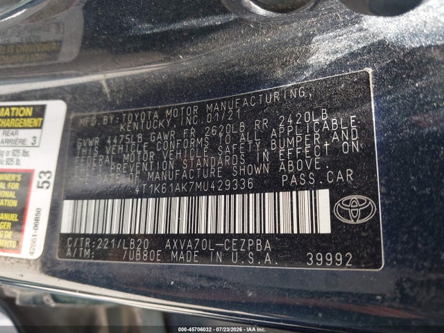2021 Toyota Camry Xse მანქანა იყიდება აუქციონზე, vin: 4T1K61AK7MU429336, აუქციონის ნომერი: 45706032