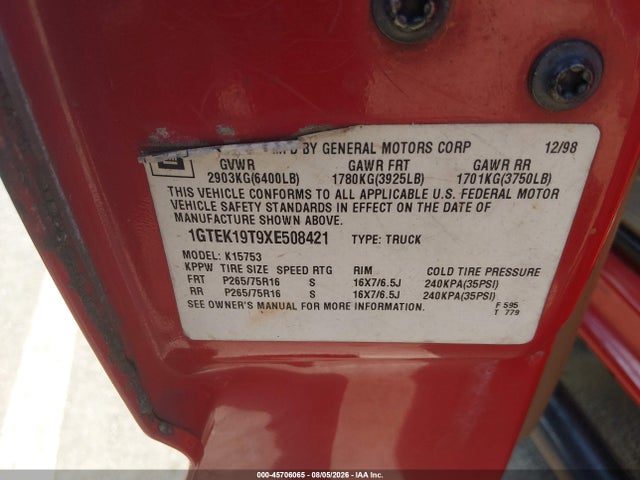 Продажа на аукционе авто 1999 Gmc New Sierra 1500 Sle, vin: 1GTEK19T9XE508421, номер лота: 45706065