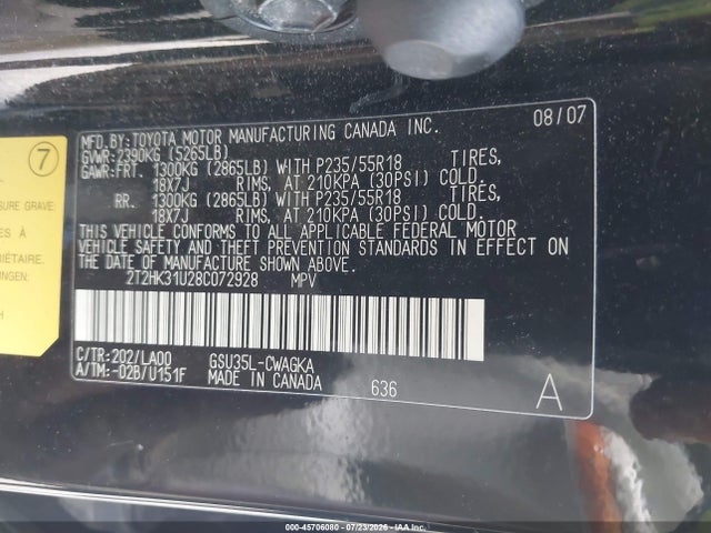 2008 Lexus Rx 350 მანქანა იყიდება აუქციონზე, vin: 2T2HK31U28C072928, აუქციონის ნომერი: 45706080