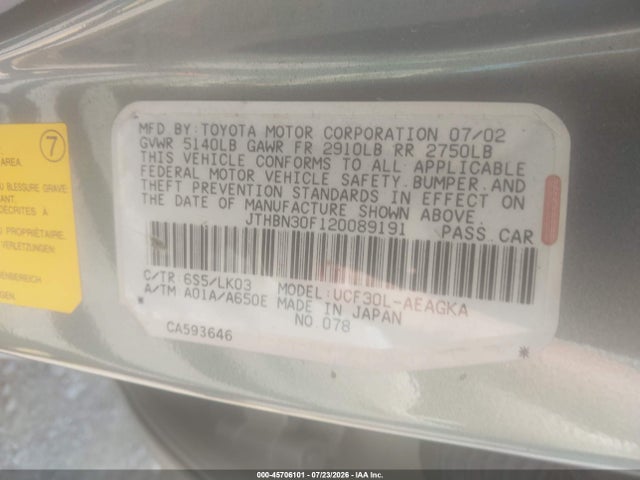 45706101 :رقم المزاد ، JTHBN30F120089191 vin ، 2002 Lexus Ls 430 مزاد بيع