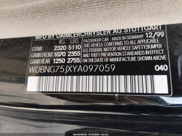 45706106 :رقم المزاد ، WDBNG75JXYA097059 vin ، 2000 Mercedes-benz S 500 مزاد بيع