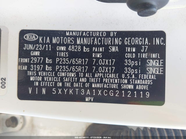 2012 Kia Sorento Lx მანქანა იყიდება აუქციონზე, vin: 5XYKT3A1XCG212119, აუქციონის ნომერი: 45706111