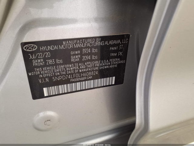 2020 Hyundai Elantra Se მანქანა იყიდება აუქციონზე, vin: 5NPD74LF0LH608824, აუქციონის ნომერი: 45706112