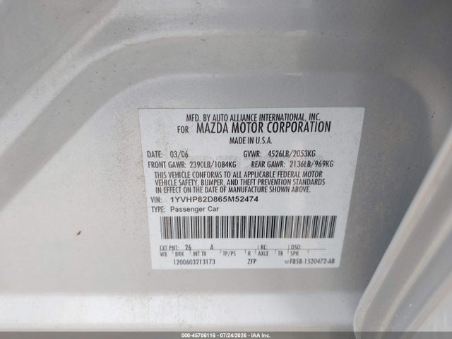 Продаж на аукціоні авто 2006 Mazda Mazda6 S, vin: 1YVHP82D865M52474, номер лоту: 45706116