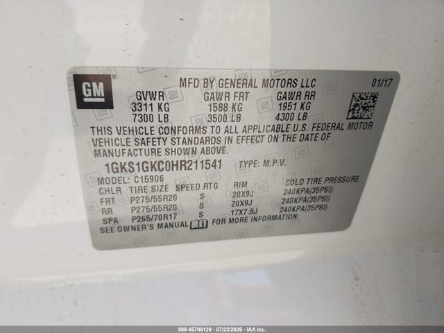 2017 Gmc Yukon Xl Slt მანქანა იყიდება აუქციონზე, vin: 1GKS1GKC0HR211541, აუქციონის ნომერი: 45706129