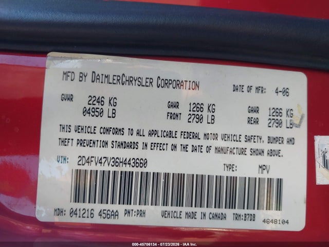 45706134 :رقم المزاد ، 2D4FV47V36H443660 vin ، 2006 Dodge Magnum مزاد بيع