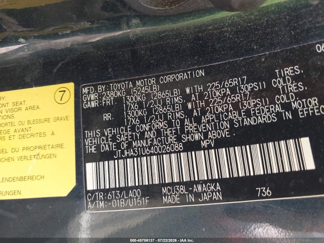 45706137 :رقم المزاد ، JTJHA31U640026088 vin ، 2004 Lexus Rx 330 مزاد بيع