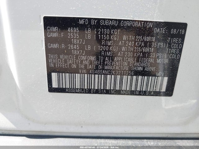 Aukcja sprzedaży 2019 Subaru Outback 2.5i Limited, vin: 4S4BSANC2K3211256, numer aukcji: 45706146