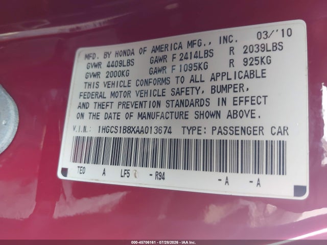 2010 Honda Accord Exl მანქანა იყიდება აუქციონზე, vin: 1HGCS1B8XAA013674, აუქციონის ნომერი: 45706161