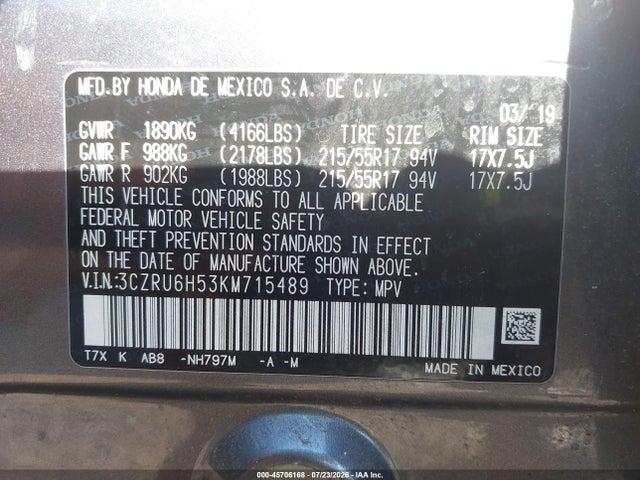Продаж на аукціоні авто 2019 Honda Hr-v Ex, vin: 3CZRU6H53KM715489, номер лоту: 45706168