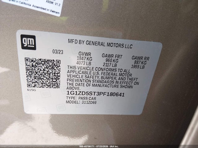 Продаж на аукціоні авто 2023 Chevrolet Malibu Fwd 1lt, vin: 1G1ZD5ST3PF180641, номер лоту: 45706171