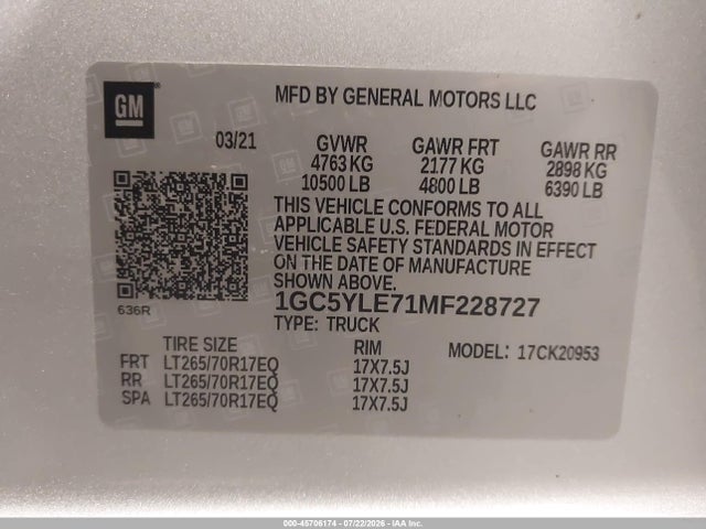 1GC5YLE71MF228727 Chevrolet Silverado 2500hd 4wd Long Bed Wt