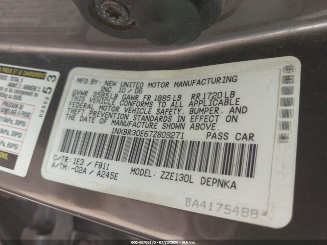 Auction sale of the 2007 Toyota Corolla Le, vin: 1NXBR30E67Z809271, lot number: 45706185