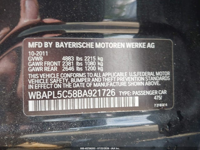 45706203 :رقم المزاد ، WBAPL5C58BA921726 vin ، 2011 Bmw 335i Xdrive مزاد بيع