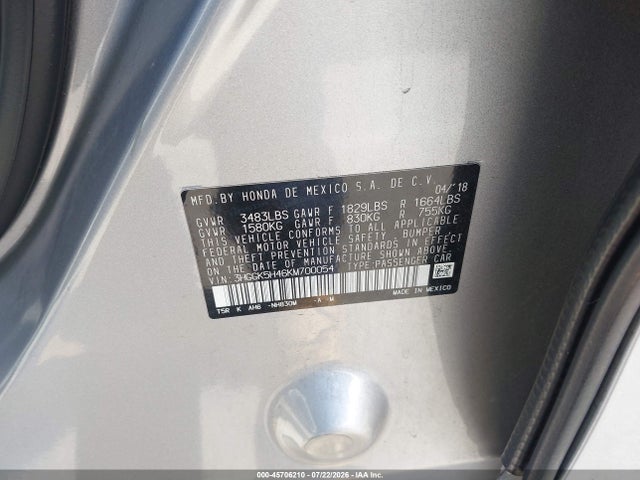 Aukcja sprzedaży 2019 Honda Fit Lx, vin: 3HGGK5H46KM700054, numer aukcji: 45706210