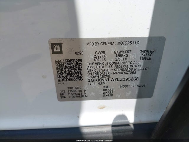 2020 Gmc Acadia Fwd Sle მანქანა იყიდება აუქციონზე, vin: 1GKKNKLA7LZ195268, აუქციონის ნომერი: 45706213
